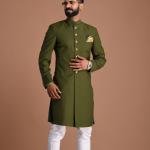 Battle Green Color Maharaja Style Achkan | Regal Ethnic Wear | Jaipurio